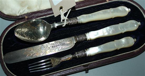 Victorian silver mother of pearl knife, spoon and fork, boxed